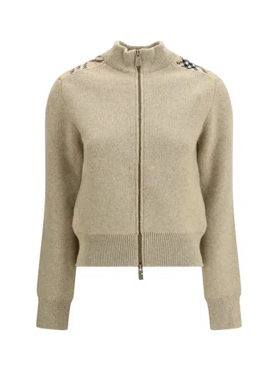 Burberry Women Cashmere And Wool Cardigan With Check Applications In Neutral