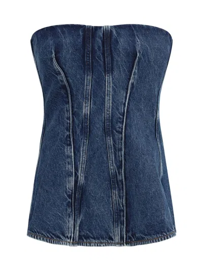 Agolde Lara Strapless Corset Peplum Denim Top In Blue