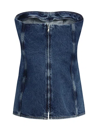 Agolde Lara Strapless Corset Peplum Denim Top In Blue