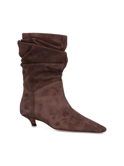 Amina Muaddi Jamie Ruched Suede Ankle Boots In Brown