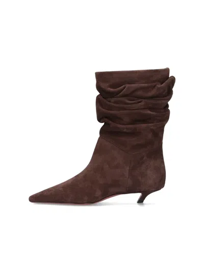 Amina Muaddi Jamie Ruched Suede Ankle Boots In Brown