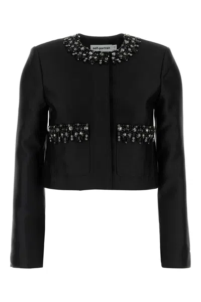 Self-portrait Taffeta Embellished Trim Jacket In Black