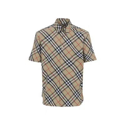Burberry Beige Shirt With Classic Collar And All-over Check Motif In Cotton Man In Brown