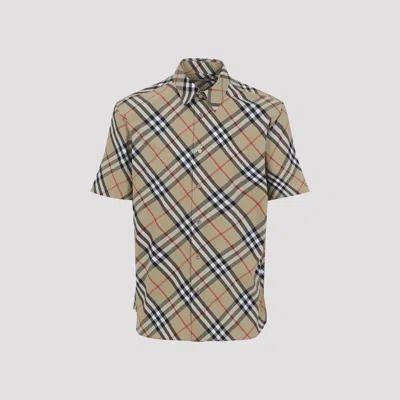 Burberry Beige Shirt With Classic Collar And All-over Check Motif In Cotton Man In Brown