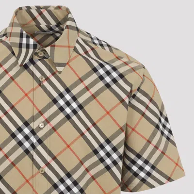 Burberry Beige Shirt With Classic Collar And All-over Check Motif In Cotton Man In Brown