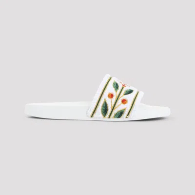 Casablanca Terry Slider Sandals Embroidered Strap Flat In White