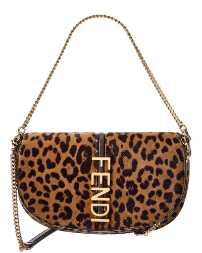 Fendi Graphy Haircalf & Leather Wallet On Chain In Brown