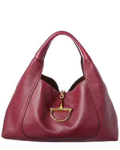 Gucci Women Bordeaux Shoulder Bag With Horsebit Closure In Grained Leather Woman In Burgundy