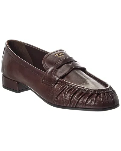 Prada Brown Ruched Loafers With Logo In Brown