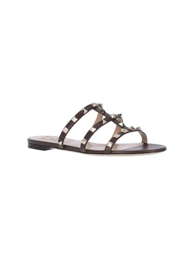 Valentino Garavani Black Calf Leather Bos Taurus Flat Sandals