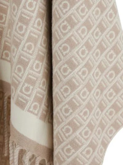 Ferragamo Beige Crewneck Cape With Fringed Hem And All-over Gancini Embroidery In Wool Woman In Nude