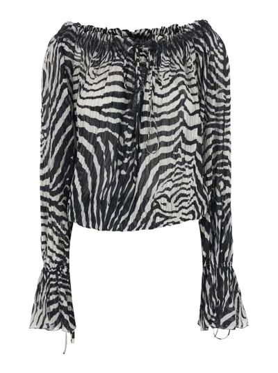 Blumarine Women Black And White Blouse With All-over Zebra Print And Boat Neckline In Viscose Woman In Black