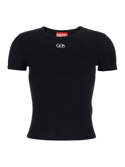 Diesel Black T-shirt With Logo On The Front And Ribbed Design In Cotton Woman In Black