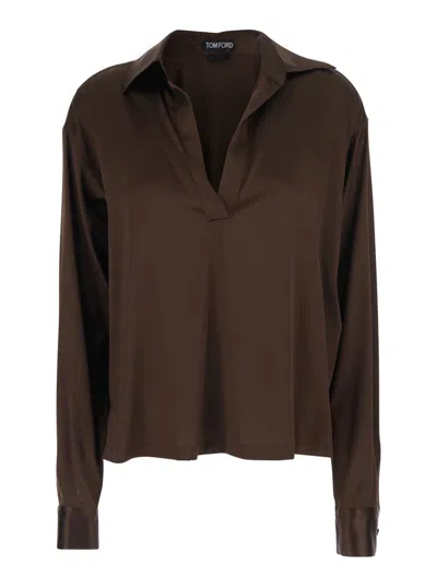 Tom Ford Brown Blouse With V Neck And Wide Pointed Collar In Silk Stretch Woman In Brown