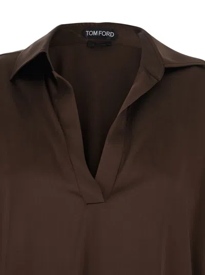 Tom Ford Brown Blouse With V Neck And Wide Pointed Collar In Silk Stretch Woman In Brown