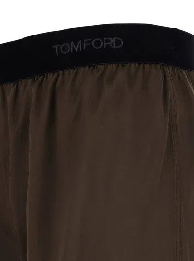 Tom Ford Brown Shorts With Elastic Waist With Logo Lettering In Silk Stretch Woman In Brown