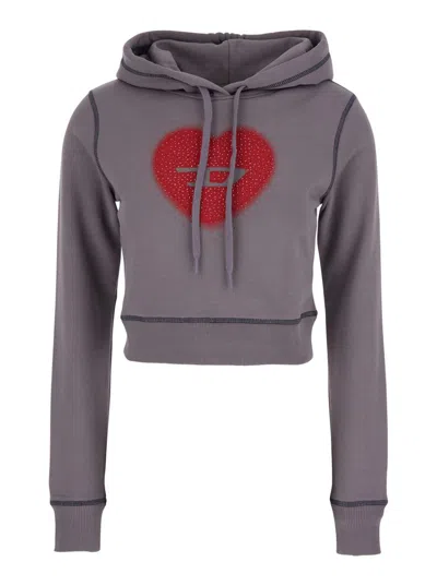 Diesel Grey Cropped Hoodie With Drawstring Hood And Rhinestoned Heart On The Front In Cotton Woman In Gray