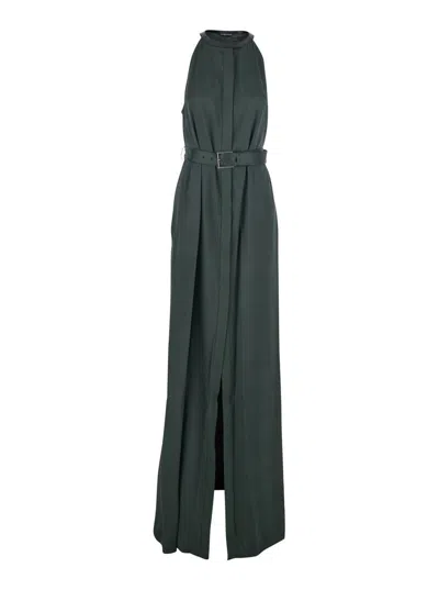 Tom Ford Green Sleeveless Long Dress With Halterneck And Front Belt In Viscose Blend Woman In Green