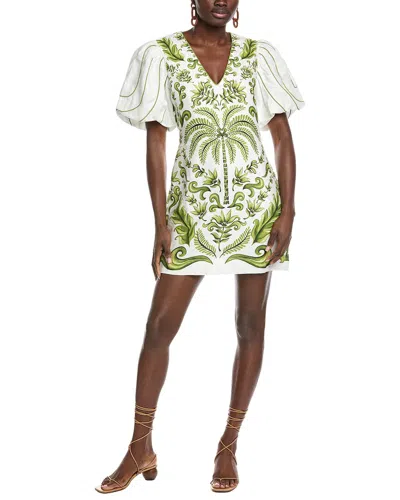 Farm Rio Milani Off-white V Neckline Short Sleeve Linen Mini Dress In Multi