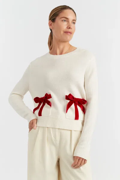 Chinti & Parker Cream Merino Wool Velvet Bow Sweater In White