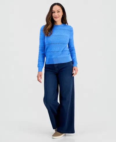 Style & Co Petite Crewneck Pointelle Long-sleeve Sweater, Macy's Exclusive In Blue