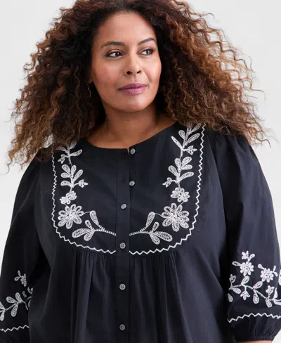 Style & Co Plus Size Cotton Embroidered 3/4-sleeve Blouse, Macy's Exclusive In Black