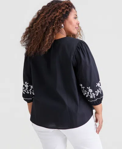 Style & Co Plus Size Cotton Embroidered 3/4-sleeve Blouse, Macy's Exclusive In Black