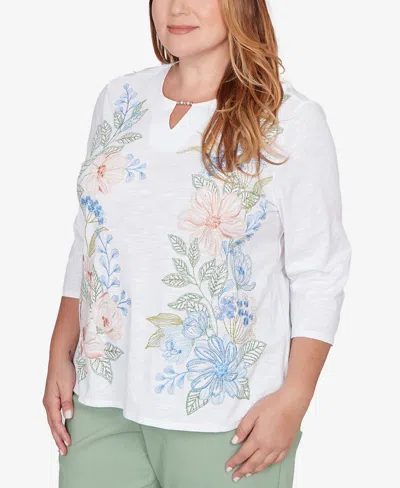 Alfred Dunner Plus Size St. Augustine Blooming Floral Embroidered Split Neck Top In White