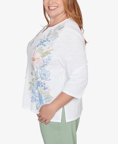 Alfred Dunner Plus Size St. Augustine Blooming Floral Embroidered Split Neck Top In White