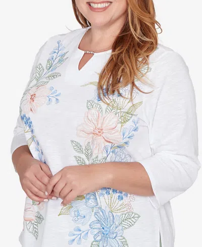 Alfred Dunner Plus Size St. Augustine Blooming Floral Embroidered Split Neck Top In White