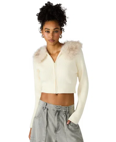 Steve Madden Lysia Faux Fur Collar Rib Jacket In White