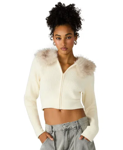 Steve Madden Lysia Faux Fur Collar Rib Jacket In White