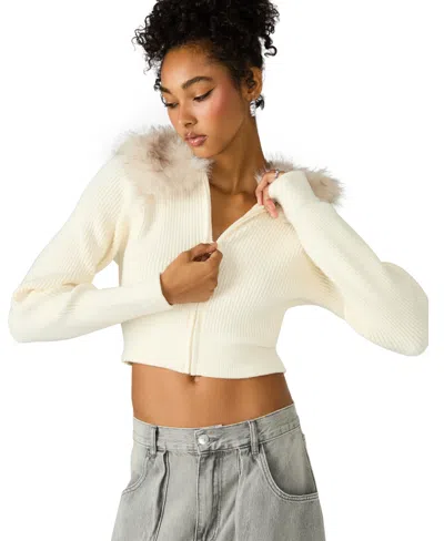 Steve Madden Lysia Faux Fur Collar Rib Jacket In White
