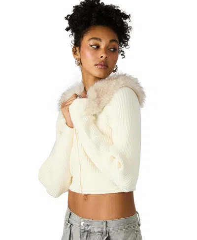 Steve Madden Lysia Faux Fur Collar Rib Jacket In White