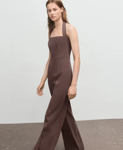 Mango Wide Leg Halter Jumpsuit In Brown