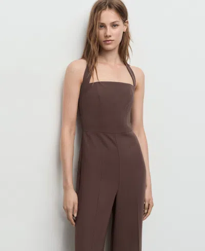 Mango Wide Leg Halter Jumpsuit In Brown