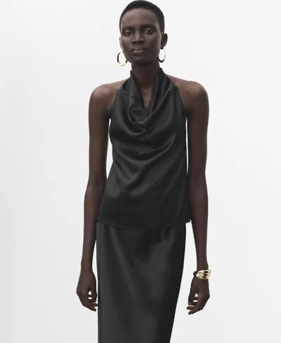Mango Drape Halter Neck Satin Top In Black