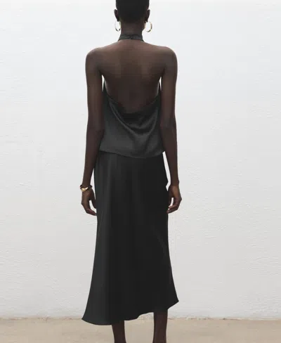Mango Drape Halter Neck Satin Top In Black