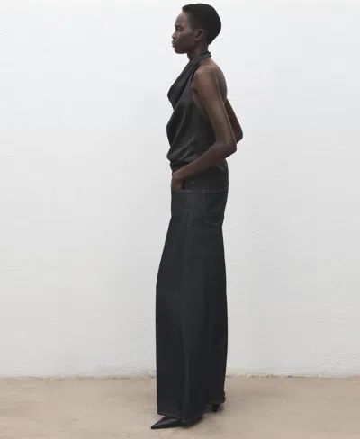 Mango Drape Halter Neck Satin Top In Black