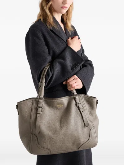 Prada Large Leather Tote Bag In Gray