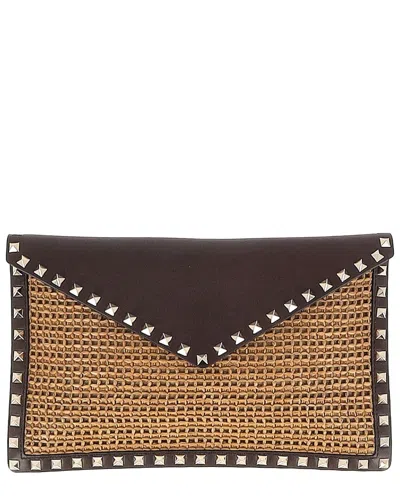Valentino Brown Raffia Large Rockstud Clutch (authentic Pre-loved)