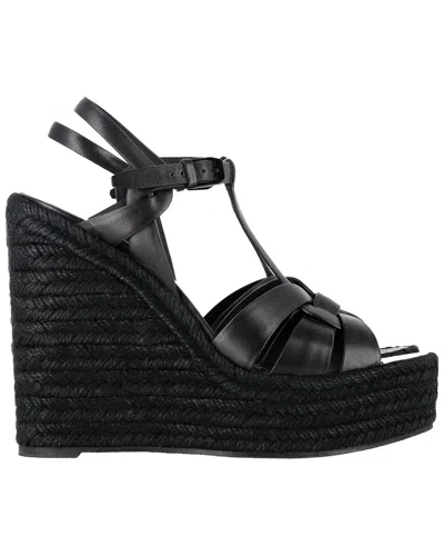 Saint Laurent Jute Wedge Leather Sandals In Black