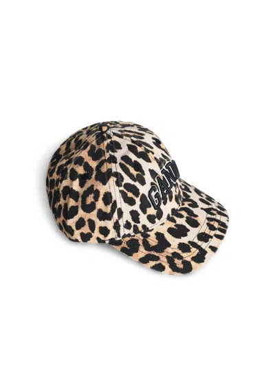 Ganni Leopard Print Cotton Cap In Brown