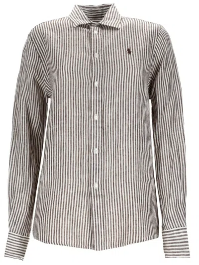 Polo Ralph Lauren Striped Collared Neck Long Sleeve Top In Brown
