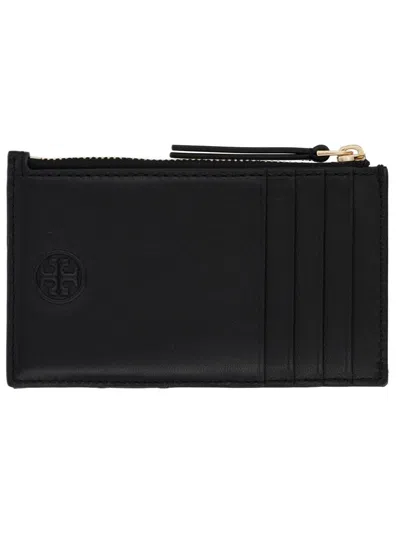 Tory Burch Fleming Quilted Leather Zip Card Case In Black