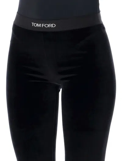 Tom Ford Black Stretch Velour Logo Leggings In Animal Print