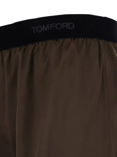 Tom Ford Brown Shorts With Elastic Waist With Logo Lettering In Silk Stretch Woman In Brown