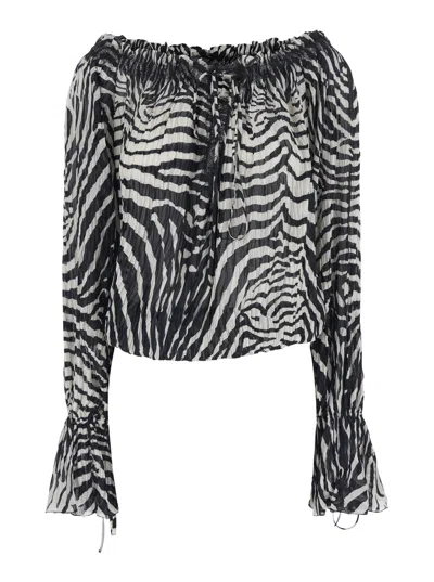 Blumarine Women Black And White Blouse With All-over Zebra Print And Boat Neckline In Viscose Woman In Black