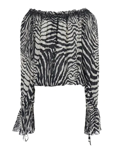 Blumarine Women Black And White Blouse With All-over Zebra Print And Boat Neckline In Viscose Woman In Black