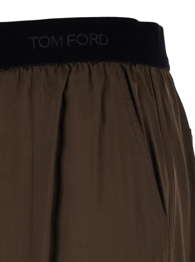 Tom Ford Brown Pants With Elastic Waist With Logo Lettering In Silk Stretch Woman In Brown